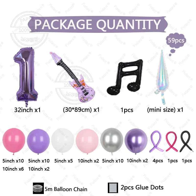 59pcs Guitar Balloon Purple Numbers 1-9 Birthday Balloon Set Music Theme Party Decoration Festival Photo Props Birthday Gift