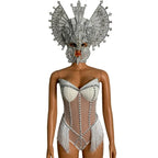 Rhinestone Fringe Bodysuit & Headpiece Set – Sparkly Rave Outfit, Gogo Dancer & Jazz Dance Costume for Women