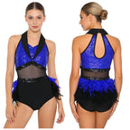 Women's Shiny Sequin Sheer Mesh Feather Latin Jazz Dance Bodysuit