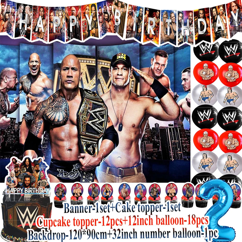 Sport-&Wrestling&Triathlon Boys Birthday Party Supplies Decor Boxing Match Balloon Cake Topper Banner Backdrop Baby Shower Props