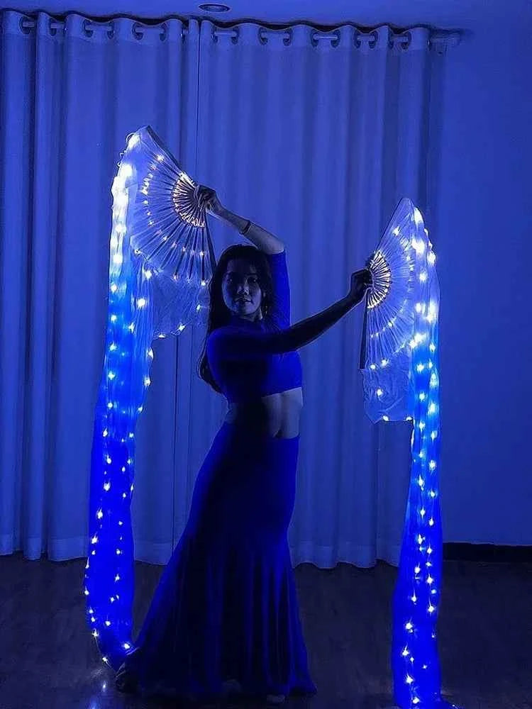 Fan white and blue gradual change silk fabric dance props cord string charging stage performance
