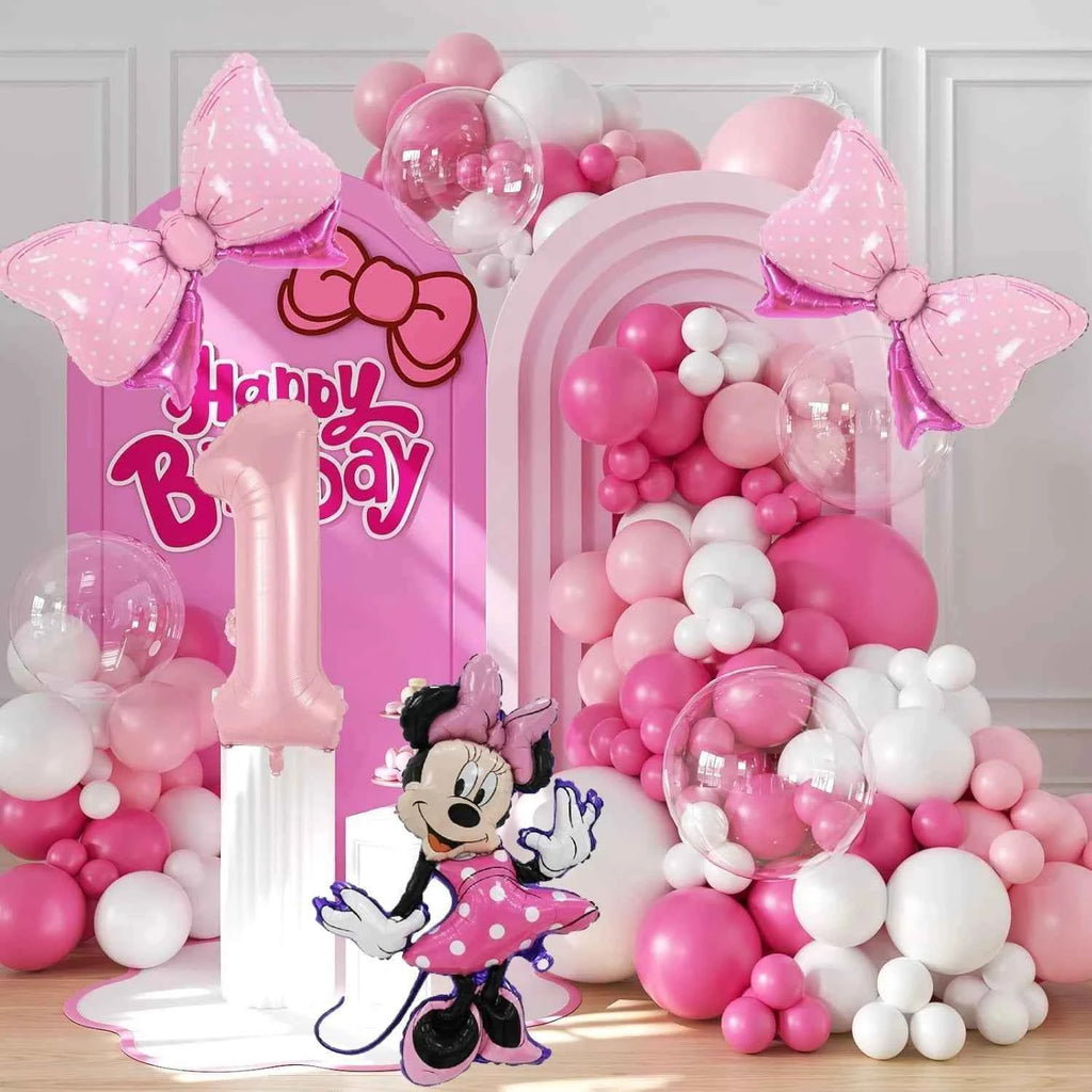 128PCS Minnie Mouse Pink Bow Aluminum Mold Balloon Garland Arch Set Girl Princess Birthday Party Baby Shower Decoration Supplies