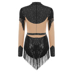 Rhinestone Sequin Tassel Long Sleeve Dance Jumpsuit Bodysuit
