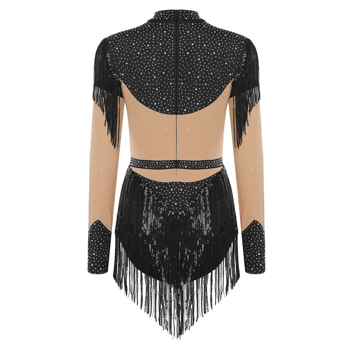 Rhinestone Sequin Tassel Long Sleeve Dance Jumpsuit Bodysuit
