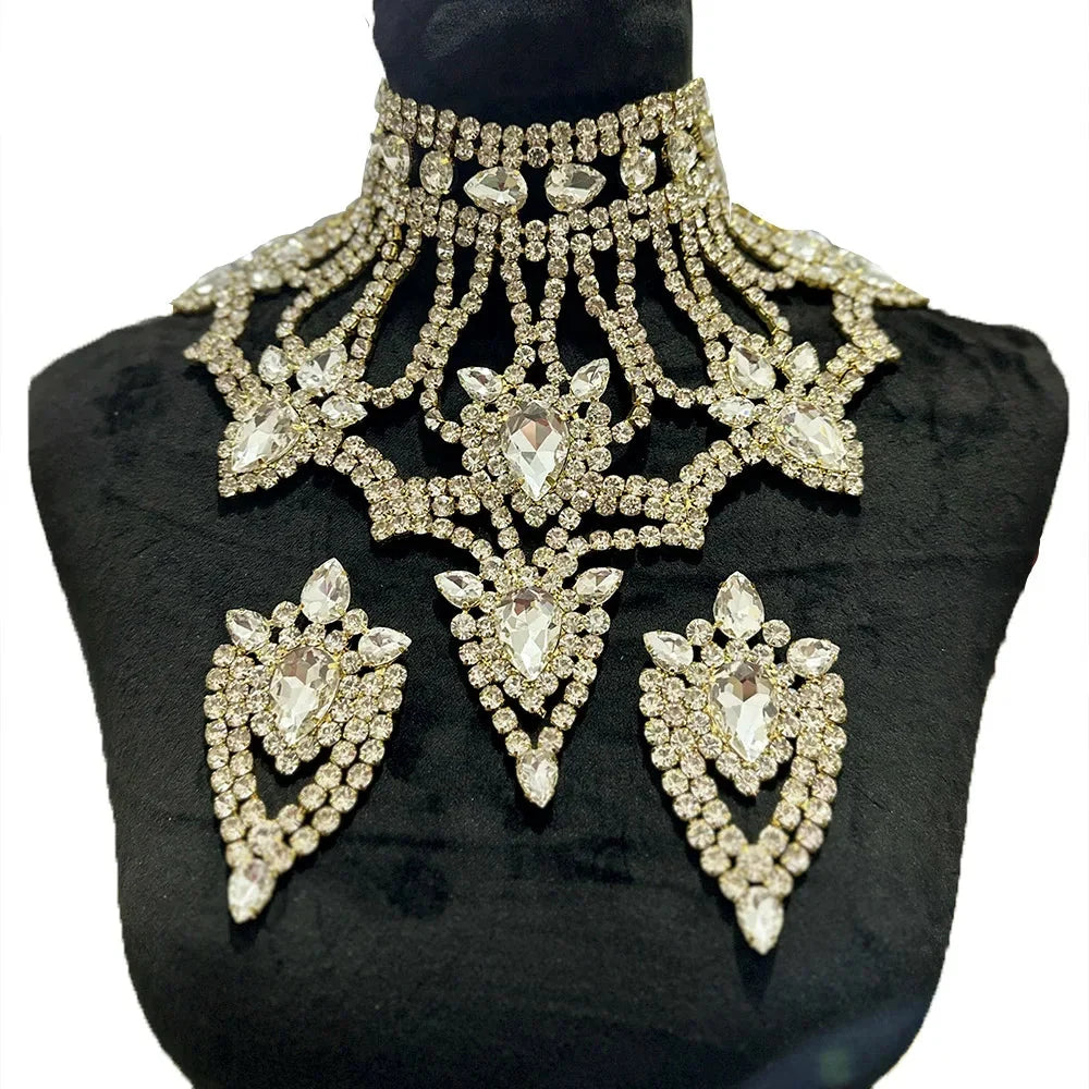 Oversized Glass Gemstone Choker Necklace & Earrings Drag Queen Stage Jewelry Set