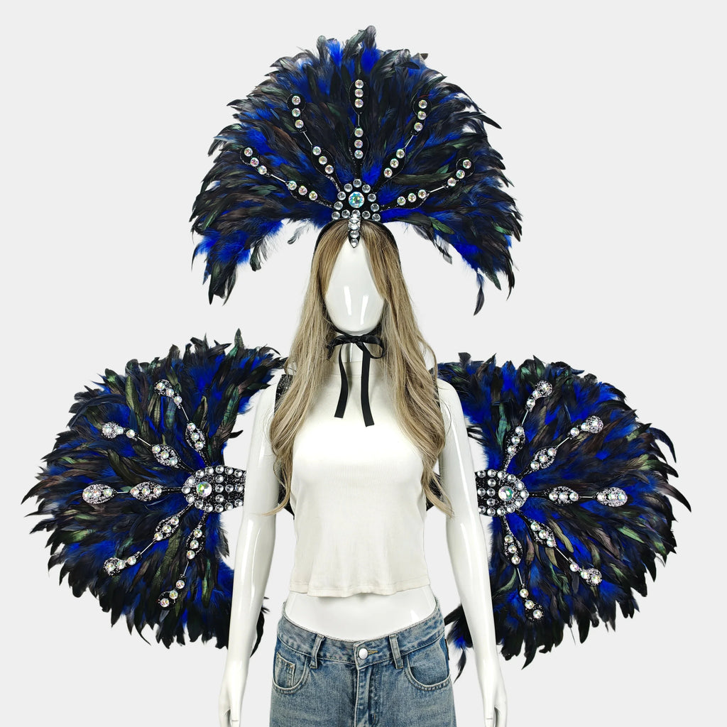Unisex Artisanal Feather Headdress & Wings Carnival Performance Set