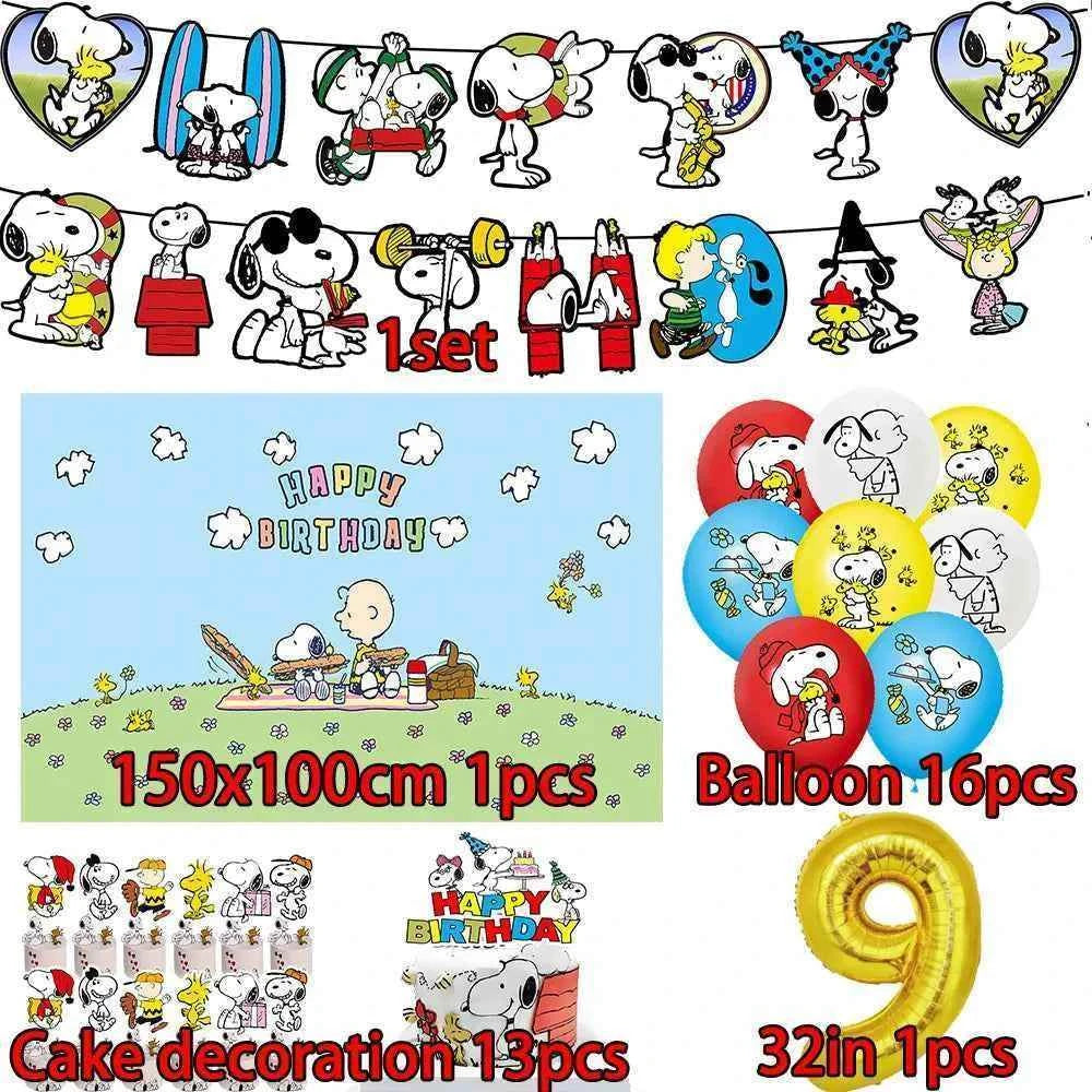 Cartoon Snoopys Birthday Decoration Set Banners Cake Toppers Balloons Backdrops Kids Birthday Gifts Baby Shower Party Supplies