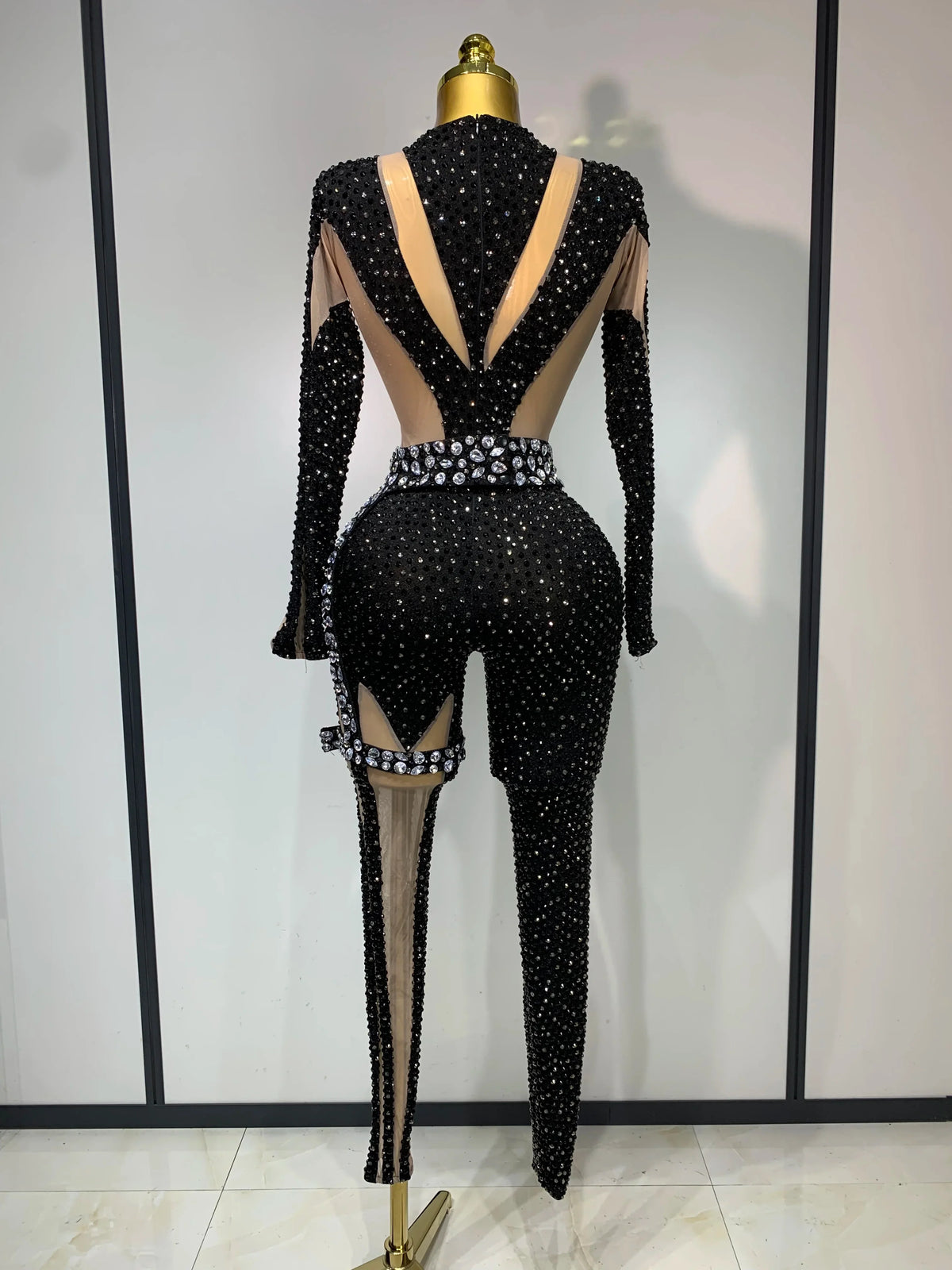 Sexy Sparkly Diamond Black Long Sleeves Bodycon Mesh Jumpsuit Evening Party Nightclub Bar Singer Performance Stage Costume