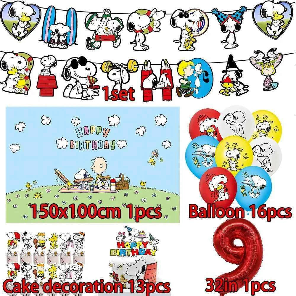 Cartoon Snoopys Birthday Decoration Set Banners Cake Toppers Balloons Backdrops Kids Birthday Gifts Baby Shower Party Supplies