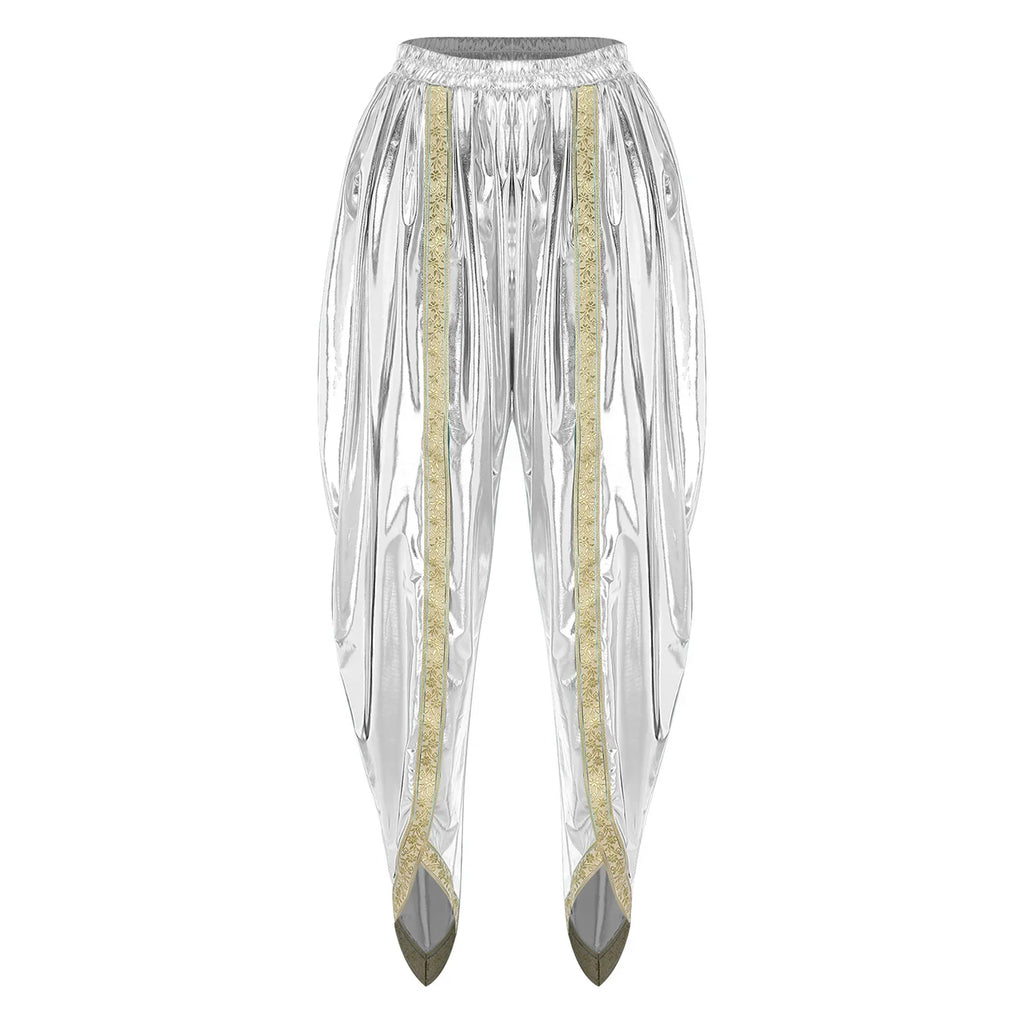 Men's Metallic Shiny Harem Dhoti Pants Gold Brocade Trim Prince Cosplay Costume