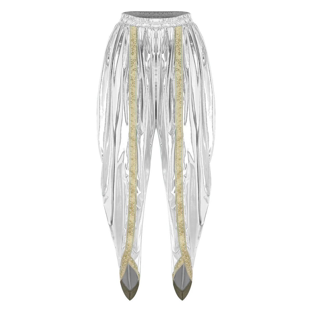 Men's Metallic Shiny Harem Dhoti Pants Gold Brocade Trim Prince Cosplay Costume