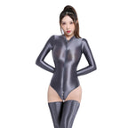 Zipper Open Crotch High Cut Oil Glossy Bodysuit Satin Sheer Maid Leotard