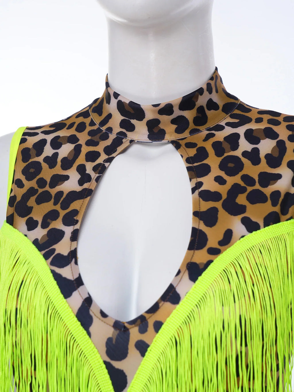 Leopard Cutout Bodysuit & Fringe Sleeves 2-Piece Latin Ballroom Stage Costume Set