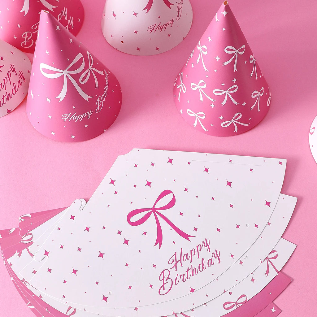 6 Pink Bow-Themed Party Paper Hats, Cute and Beautiful Pink Bow Designs, Suitable for Birthday Parties, Gender Reveal Parties, Birthday Gifts, Pink Bow Decoration Birthday Hats, Baby Party Photography Props, Party Favors, Gen - Big Tim's Magic Emporium