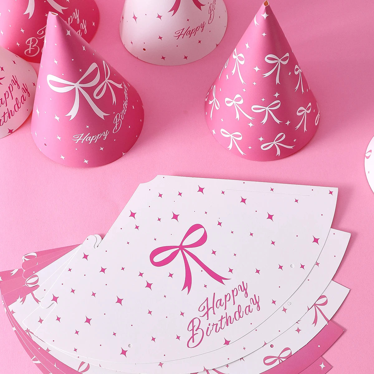 6 Pink Bow-Themed Party Paper Hats, Cute and Beautiful Pink Bow Designs, Suitable for Birthday Parties, Gender Reveal Parties, Birthday Gifts, Pink Bow Decoration Birthday Hats, Baby Party Photography Props, Party Favors, Gen - Big Tim's Magic Emporium