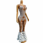 Female Rose Flower Rhinestones Jumpsuit Luxurious Birthday Celebrate Party Rompers Stage Wear Nightclub Singer Carnival Costume