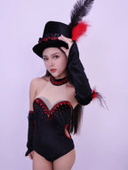 Women Team Jazz Dance Performance Costume Sexy Back Backless Crystal Bodysuit with Gloves Feather Hat Nightclub Gogo Rave Outfit