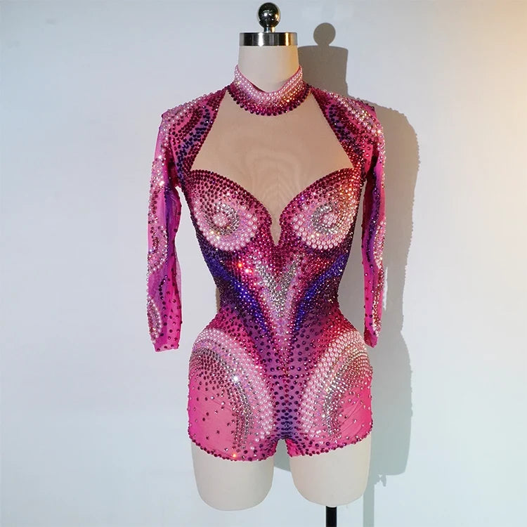 Luxury Pink Rhinestone long sleeve bodysuit Dancer Stage Wear Perform Show Girl Sheer Drag Queen Outfit Bar Nightclub