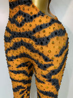 Sparkly Rhinestone Tiger Pattern Bodycon Jumpsuit Halter Stage Costume