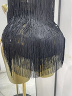 Women Black Bright Rhinestones Tassel Stretchy Mesh Thigh High Leotard Pole Dance Costumes Evening Party Club DJ Gogo Dress