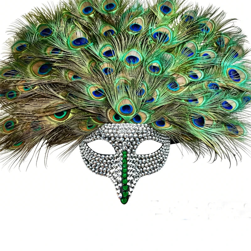 Luxury Peacock Feather Masquerade Mask,Rhinestone Crystal Venetian Mask, Large Feather Fan for Masquerade Ball & Halloween Party - Big Tim's Magic Emporium