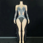 Rhinestone Chain Bodysuit with Detachable Feather Train & Sleeves 3-Piece Stage Costume Set