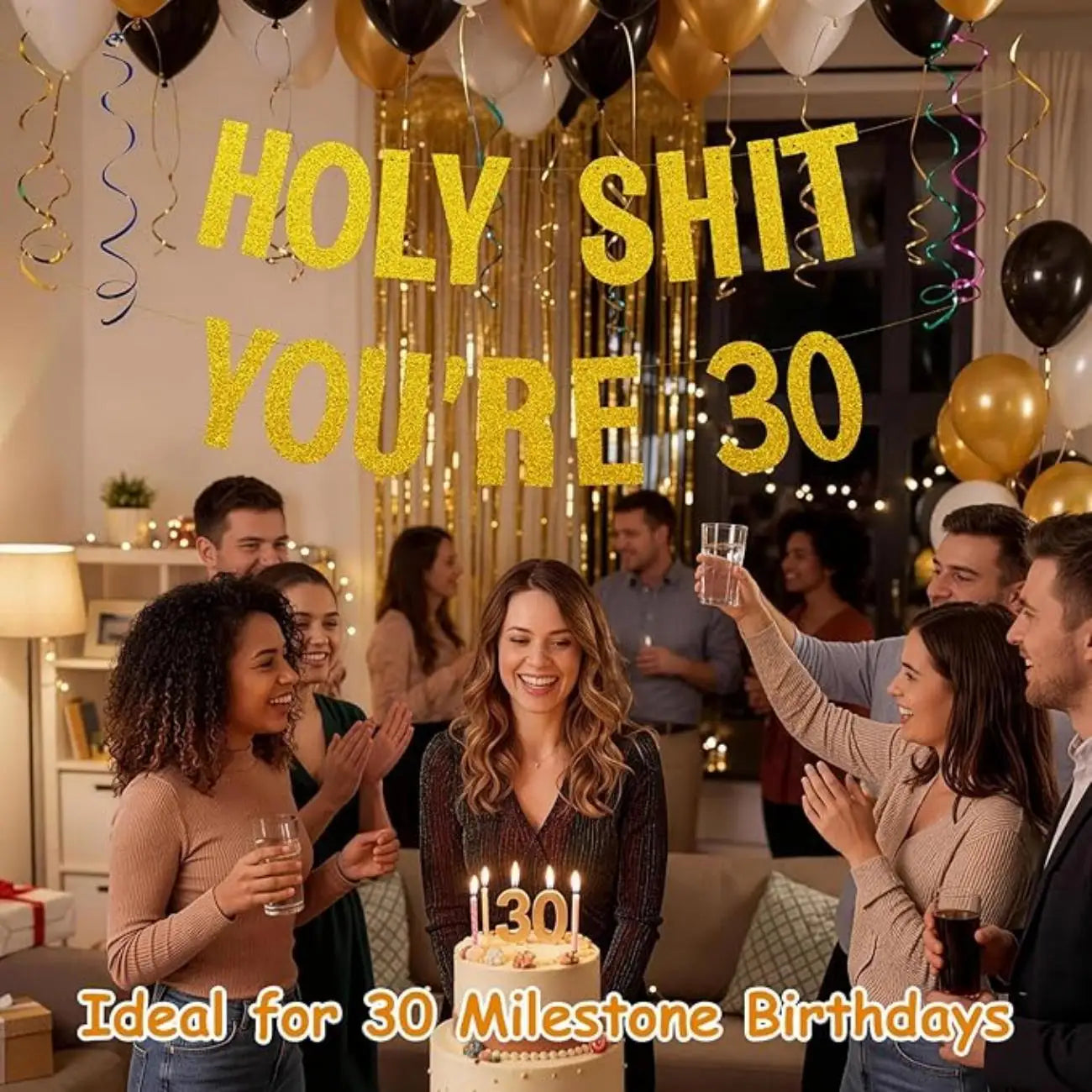 Gold Glitter Holy Shit You're 30 Birthday Banner Party Decor,Funny 30th Birthday Party Decorations Supplies,30th  Photo Props
