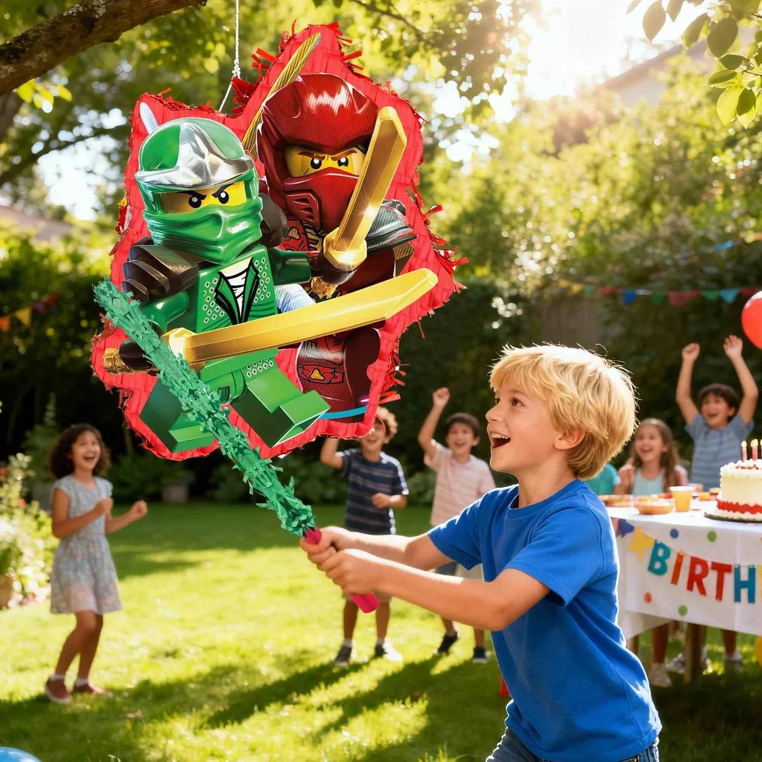 4 Pcs Ninja Party Pinata Bundle-Large Ninja Piñata Blindfold&Pinata Stick etc Ninja Birthday Party Supplies for Boys/Girls