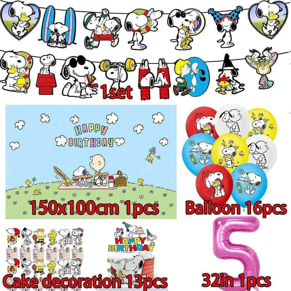 Cartoon Snoopys Birthday Decoration Set Banners Cake Toppers Balloons Backdrops Kids Birthday Gifts Baby Shower Party Supplies