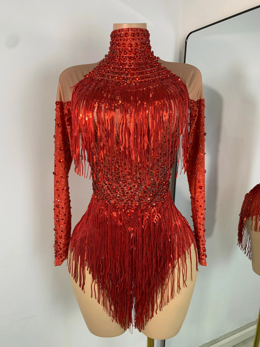 Red Rhinestones Skinny Bodysuit Women Sexy Long Sleeve Tassel Performance Singer Dance Costume Nightclub Celebrate Stage Wear