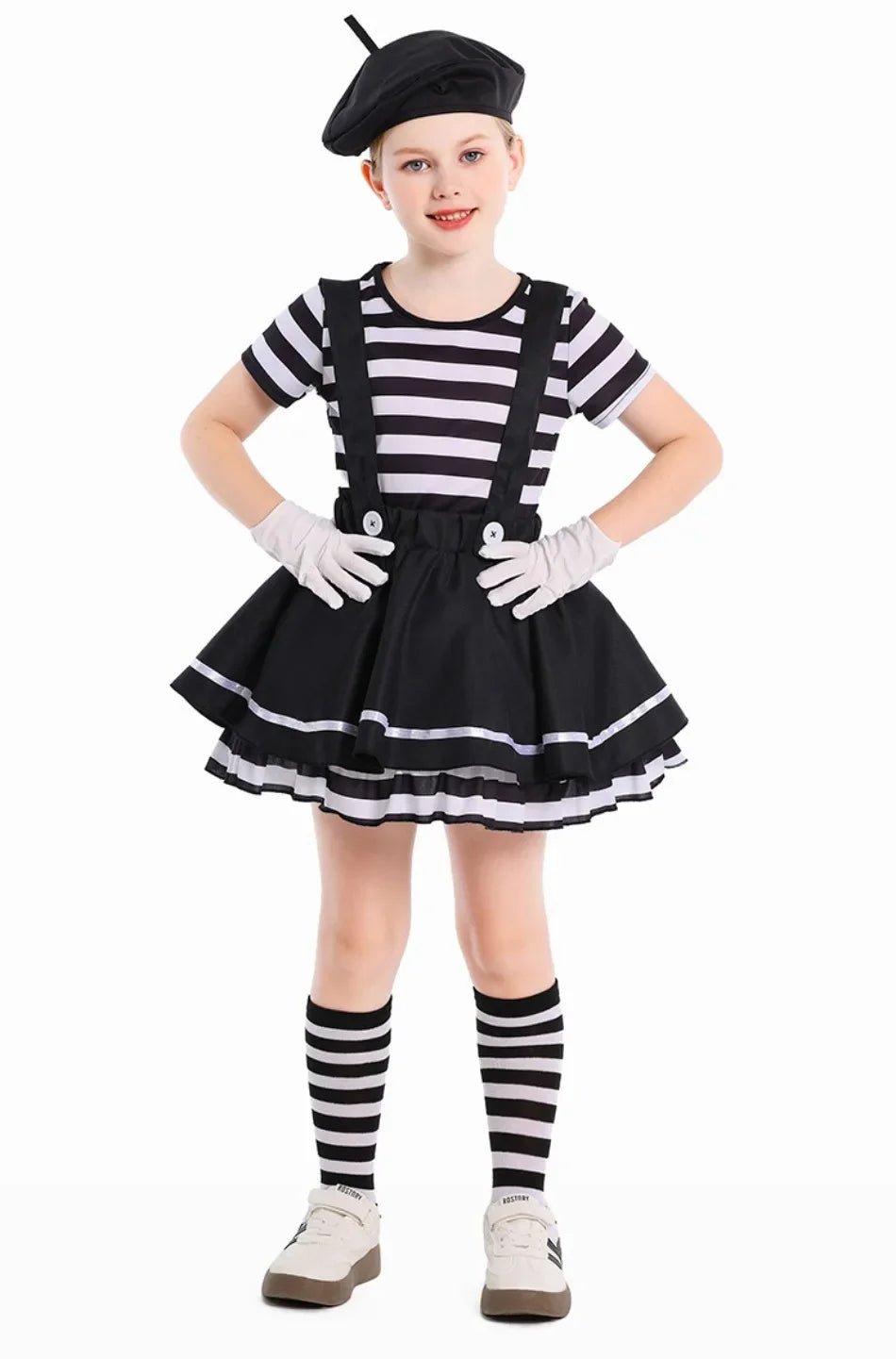 Girls Silent Actor Mime Artist Costume Funny Black White Clown Cosplay Dress for Halloween Carnival Party Outfits - Big Tim's Magic Emporium