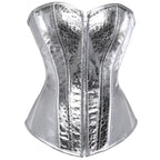 Gothic Metallic Faux Leather Overbust Corset Shiny Steel-Look Bustier