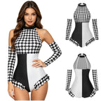 Circus Harlequin Clown Plaid Halter Bodysuit & Arm Sleeves 2-Piece Cosplay Costume Set