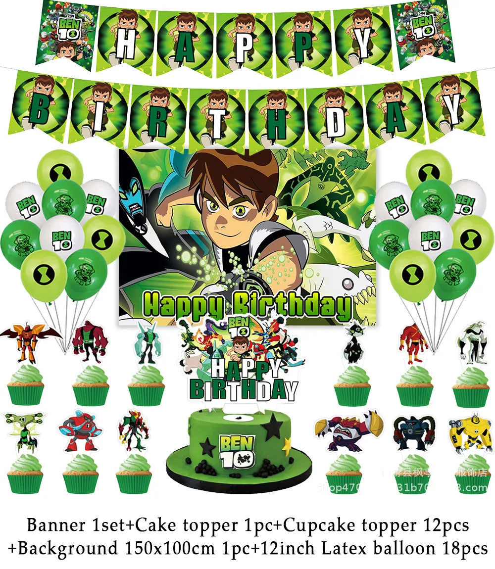 Cartoon Ben-10 Birthday Party Decoration Balloons Favor Set Banner Cake Toppers Baby Shower Boys Gift Party Supplies Photo Prop