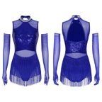 Sparkly Sequin & Fringe Dance Dress with Gloves Latin Stage Performance Costume