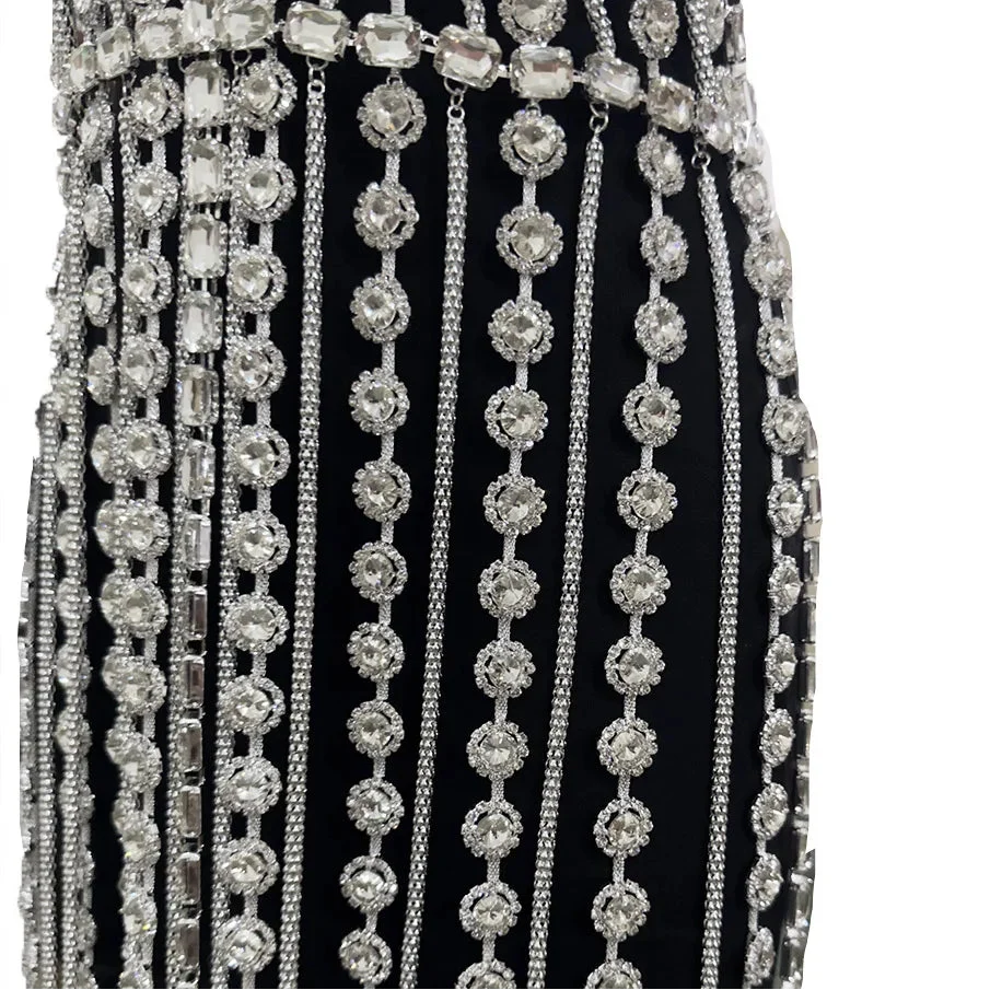 Sparkly Glass Crystal Tassel Body Chain Dress Drag Queen Stage Backless Mini Skirt
