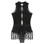 Glitter Sequin Fringe Latin Dance Leotard & Backless Performance Bodysuit