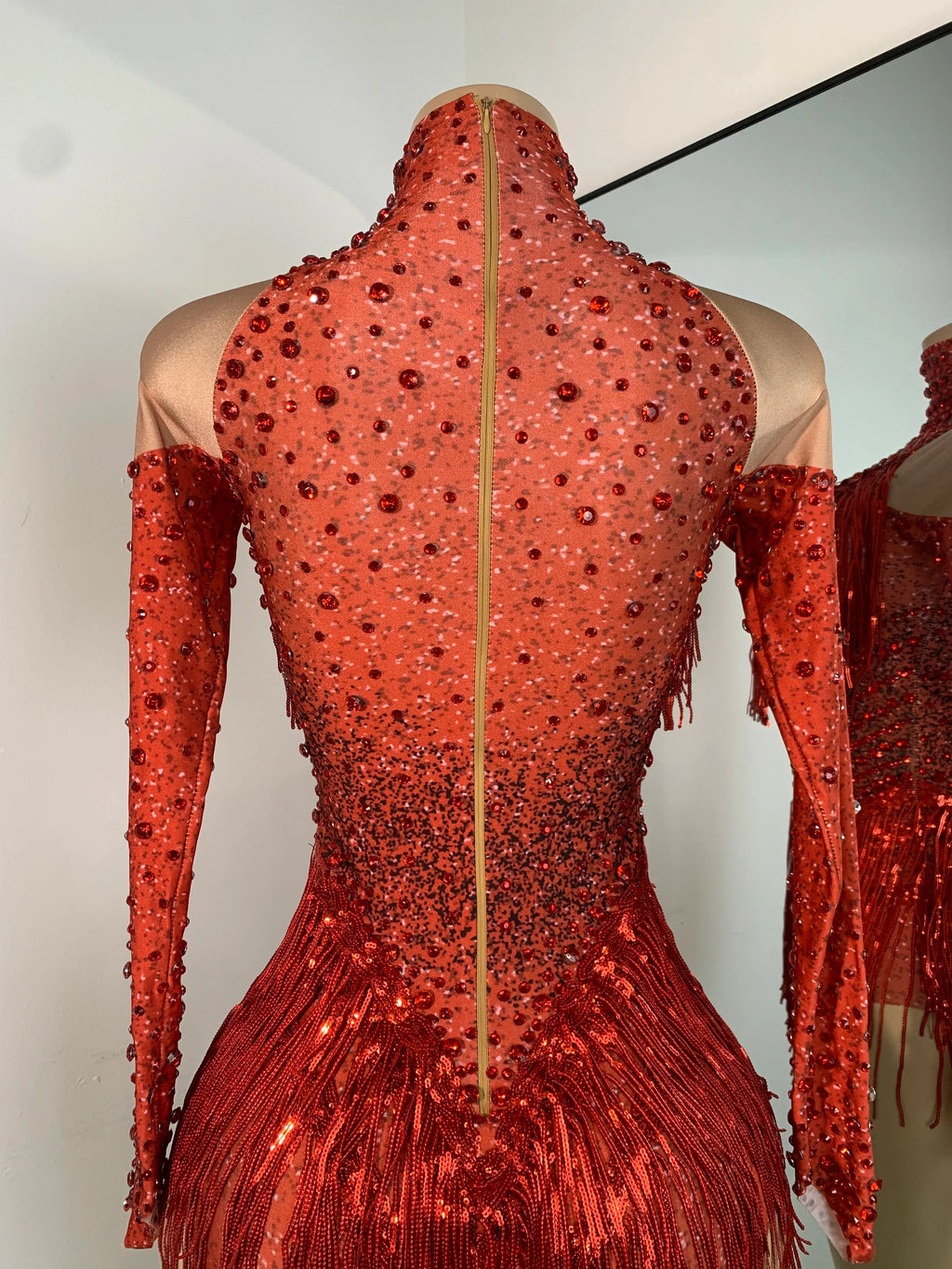 Red Rhinestones Skinny Bodysuit Women Sexy Long Sleeve Tassel Performance Singer Dance Costume Nightclub Celebrate Stage Wear