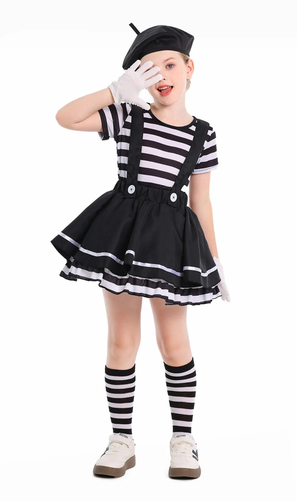 Girls Silent Actor Mime Artist Costume Funny Black White Clown Cosplay Dress for Halloween Carnival Party Outfits - Big Tim's Magic Emporium