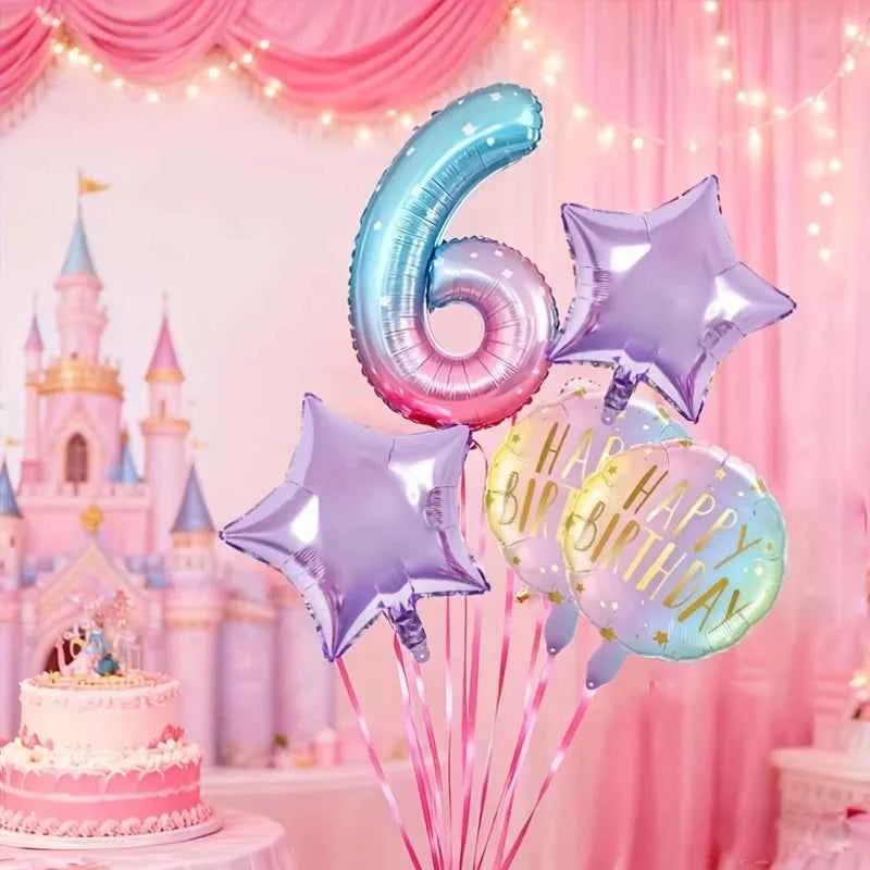 Pink Birthday Party Balloon Set, Includes 40inch Numbers 1-6 and 18inch Light Purple and Red Star-Shaped Foil Balloons, Suitable for Birthday, Wedding, and Other Party Decorations and Celebration Photo Props