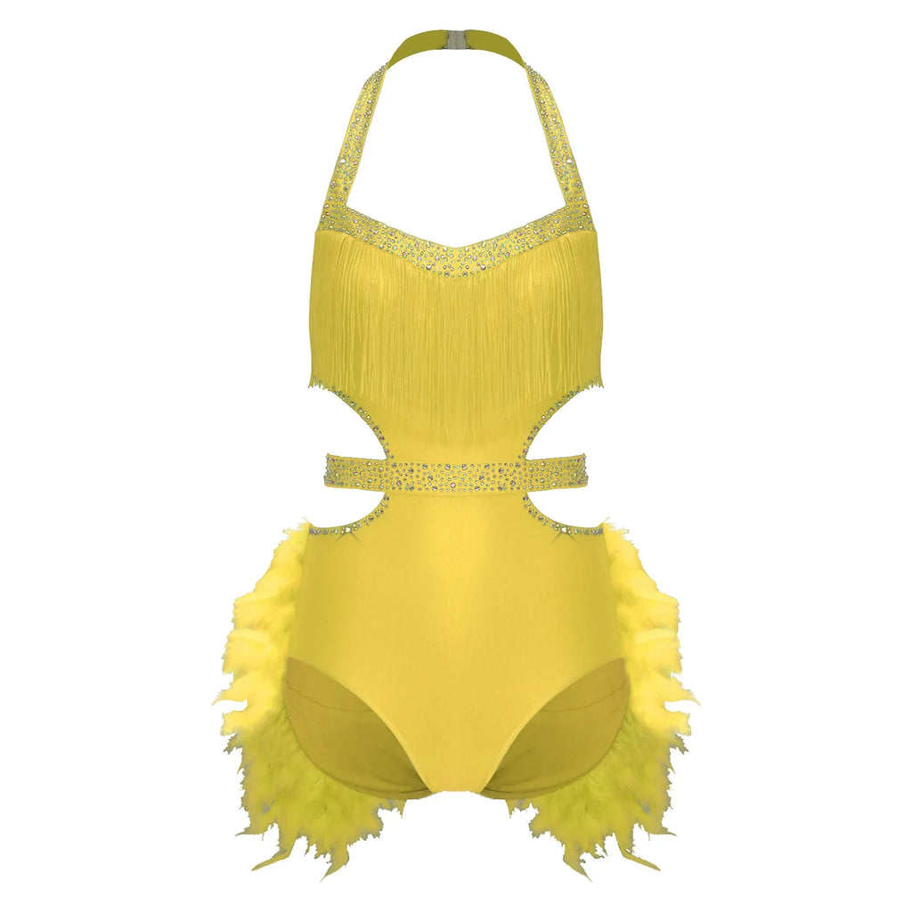 Glittery Rhinestone & Faux Feather Latin Dance Leotard Halter Bodysuit