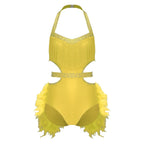 Glittery Rhinestone & Faux Feather Latin Dance Leotard Halter Bodysuit