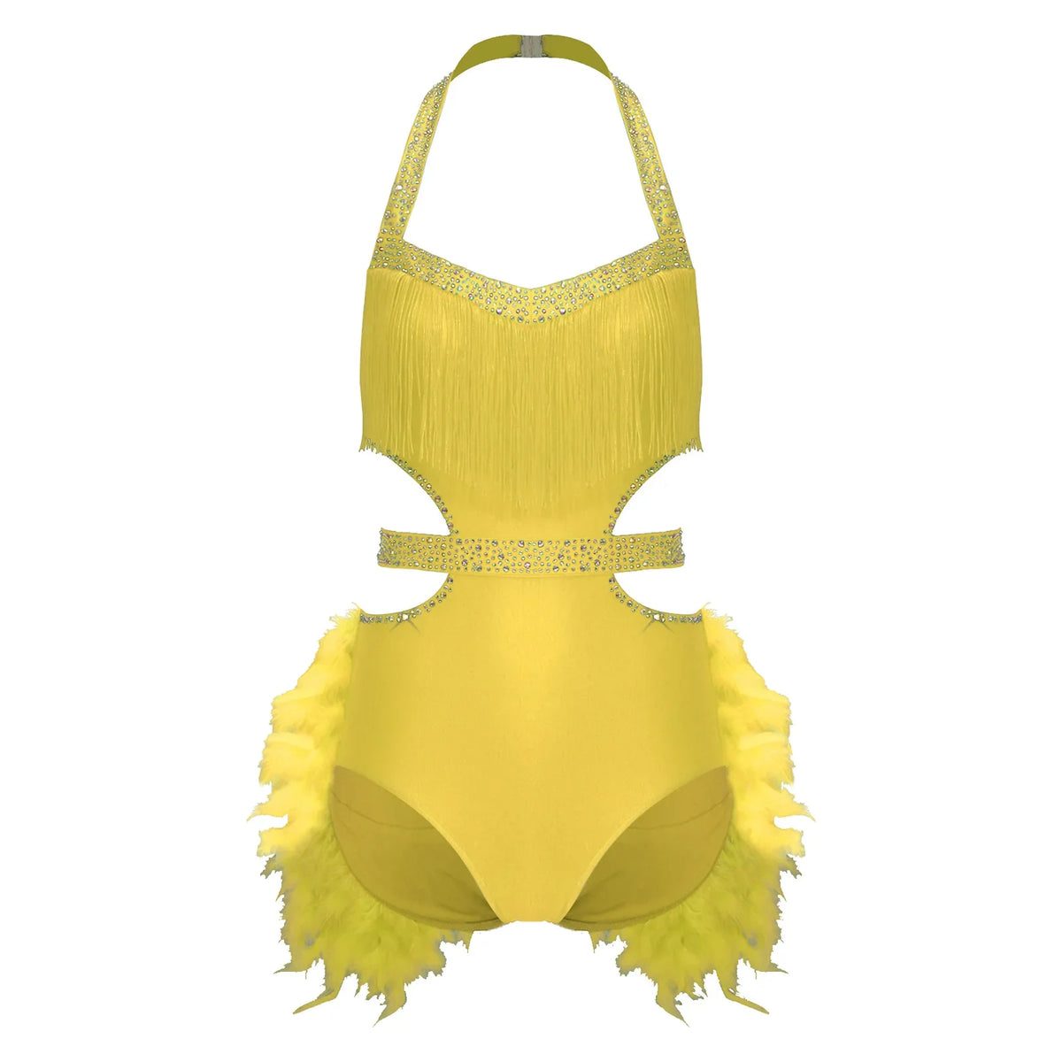Glittery Rhinestone & Faux Feather Latin Dance Leotard Halter Bodysuit
