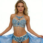 Sapphire Blue Rhinestone Bikini & Micro Skirt 2-Piece Stage Dance Costume Set