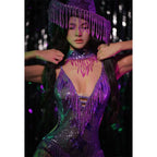 Royal Purple Rhinestone Fringe Bodysuit & Statement Hat Stage Performance Dance Costume Set