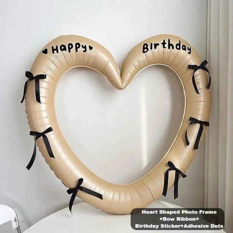 Happy Birthday Heart Photo Frame Balloon with Bowknot Stickers Girlsfriend Birthday Party Photo Props Wedding Ballon Decoration