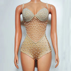 Pearl Encrusted Nude Illusion Bodysuit Sparkly Stage Dance Leotard Costume