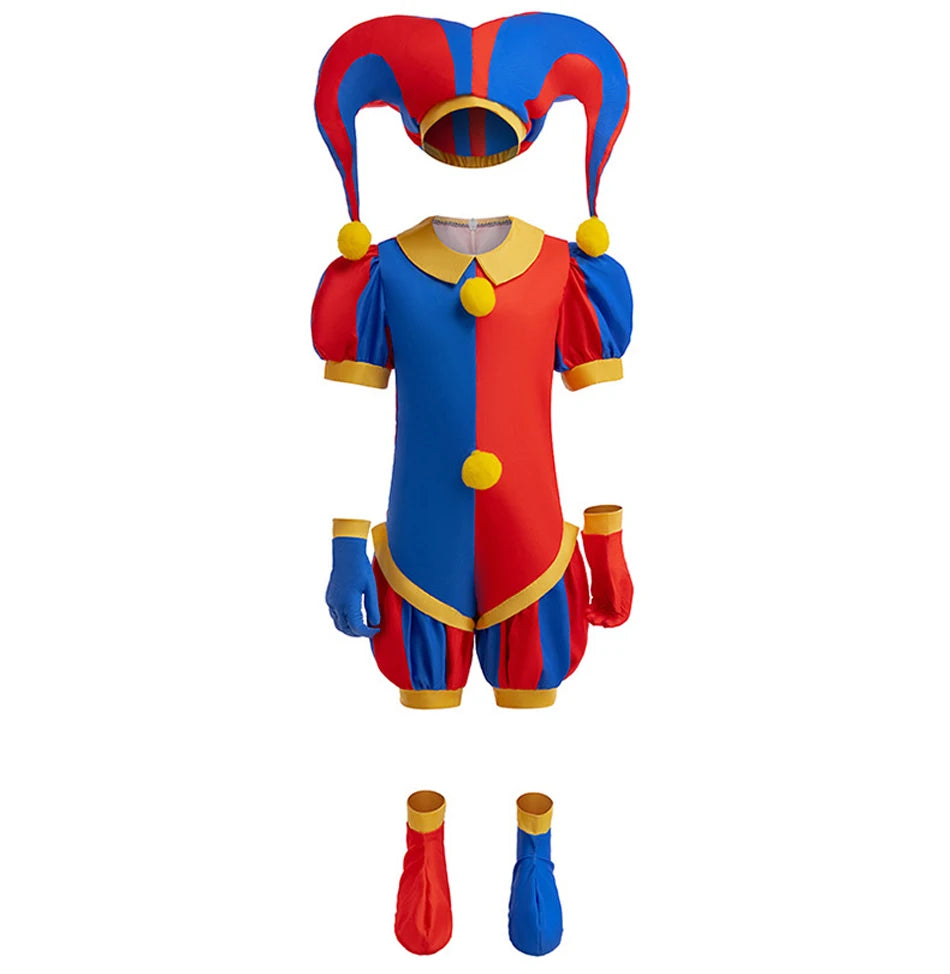 Boys Girls Clown Cosplay Costume Kids Pom Pom Jester Outfit for Halloween Carnival Show - Big Tim's Magic Emporium