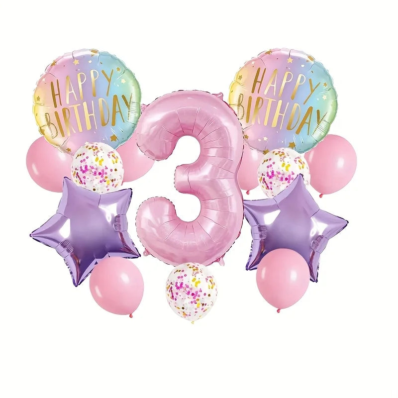 Pink Birthday Party Balloon Set, Includes 40inch Numbers 1-6 and 18inch Light Purple and Red Star-Shaped Foil Balloons, Suitable for Birthday, Wedding, and Other Party Decorations and Celebration Photo Props