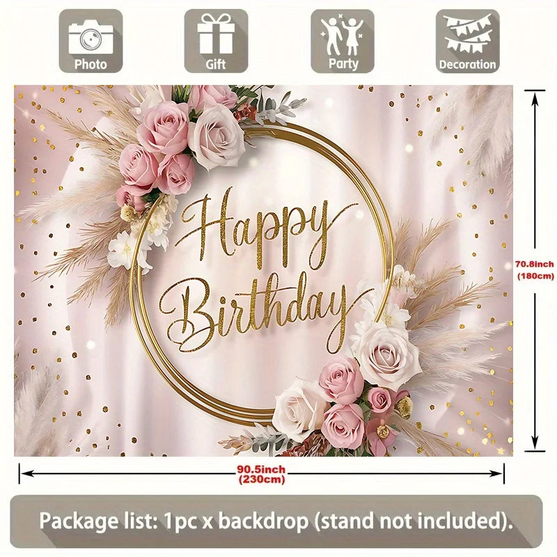 Happy Birthday Party Banner | Multi colored background with floral and gold glitter accents | Elegant Pink